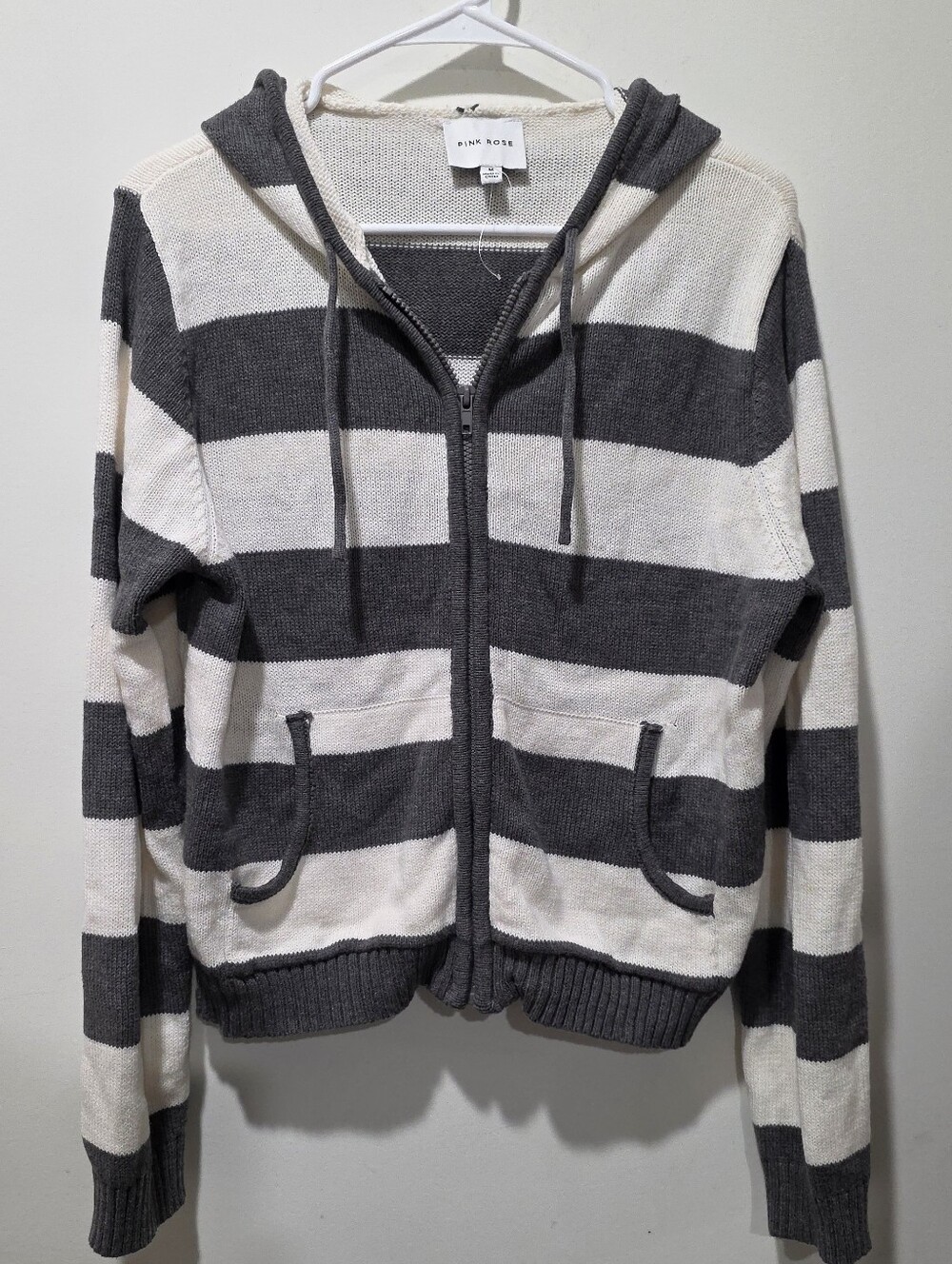 Pink Rose Striped Zip Hoodie - Gray & White